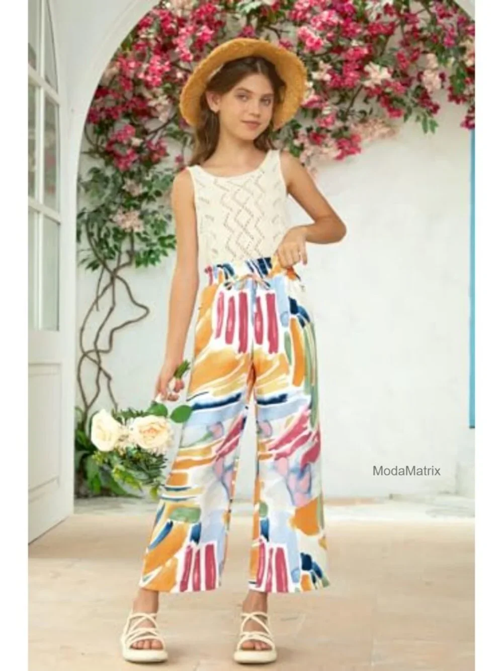 Girls Floral Wide Leg Palazzo Pants Lightweight Flowy Lounge Trousers with